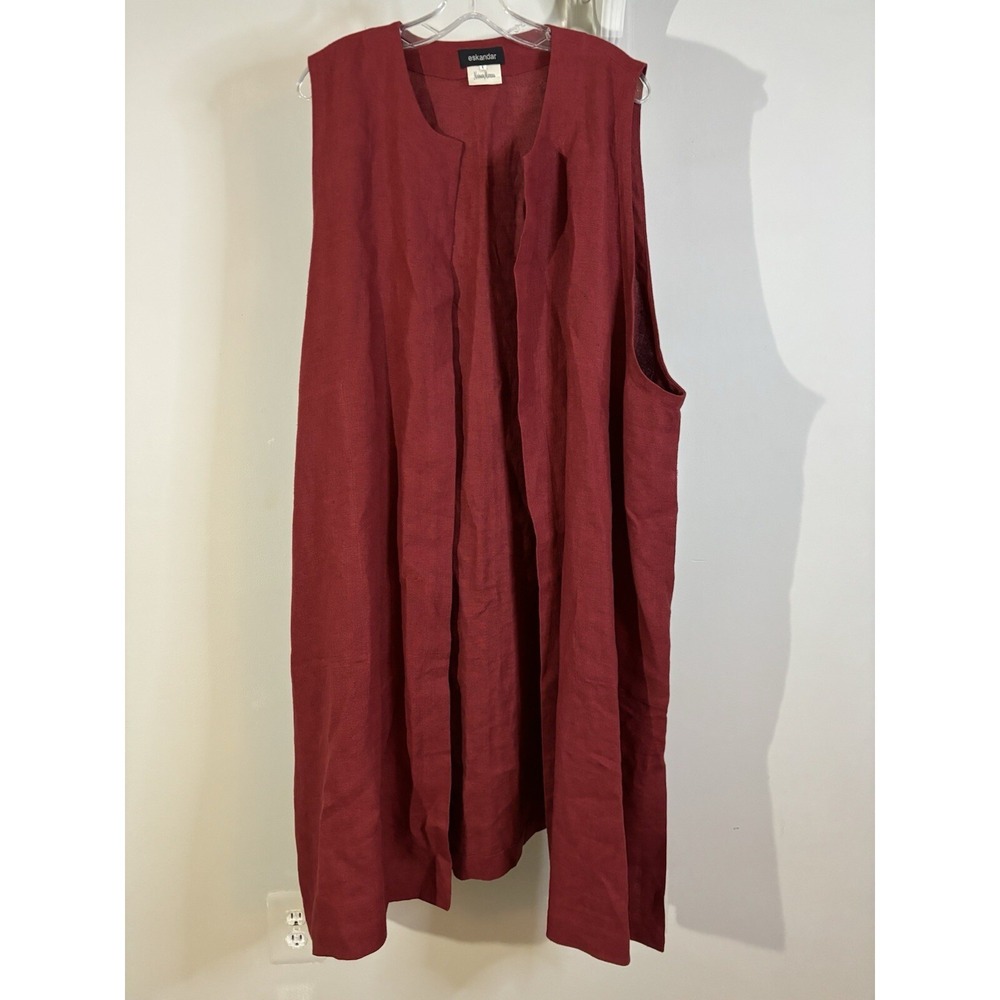 ESKANDAR Burgundy Linen Long Line Vest 1 Lagenlook US 10 M L